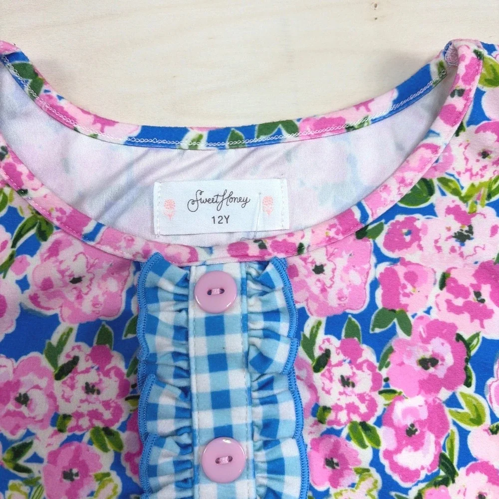 SweetHoney Girls Floral Gingham Ruffle Dress and Bloomers Set Blue Pink Size 12Y